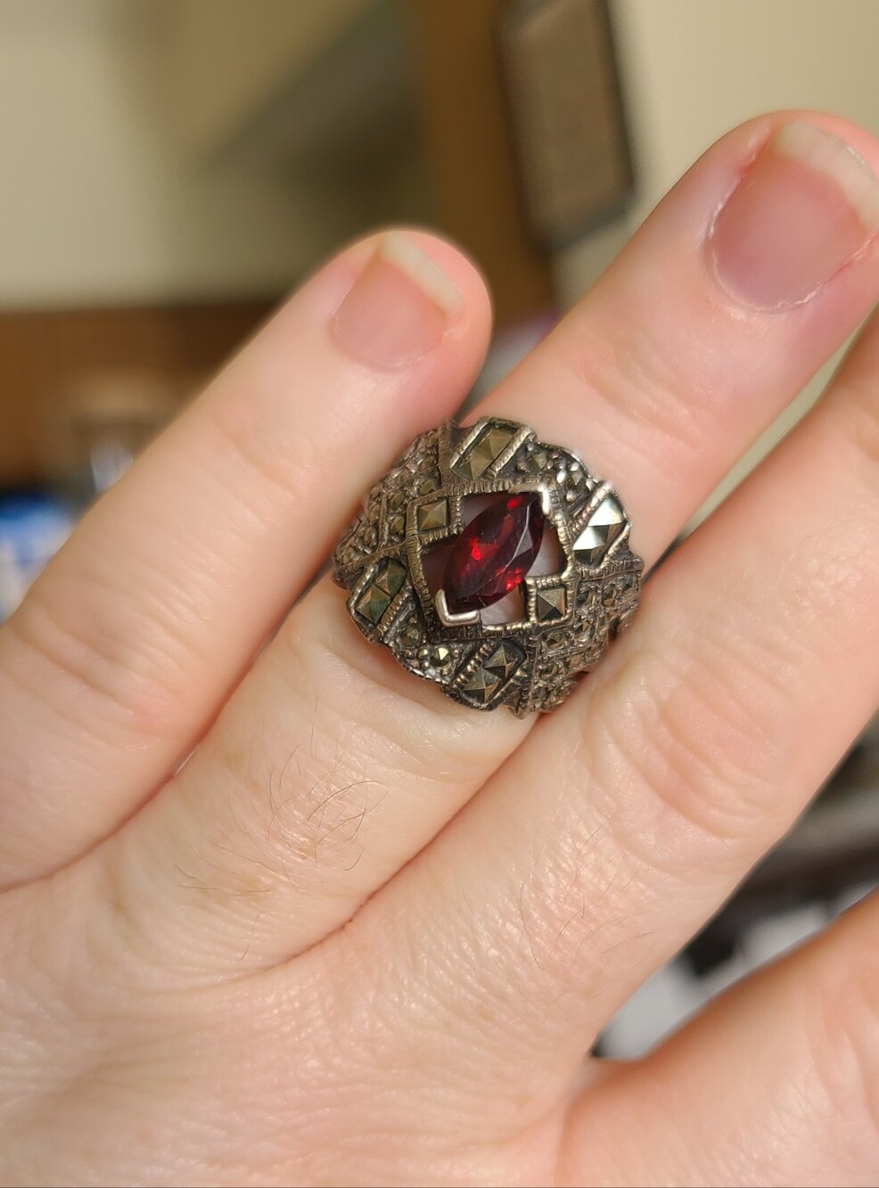 Vintage Sterling Silver Marquise Red Garnet And Marcasite Statement Ring